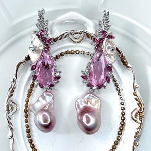 Premium Handmade Freshwater Metallic Pink Flameball Keshi Pearl Crystal Earrings